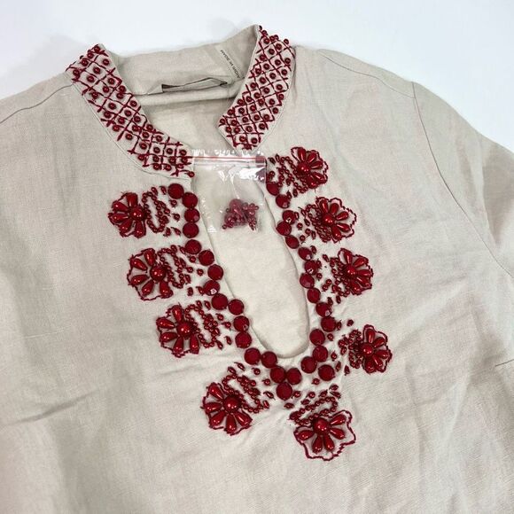 Soft Surroundings Sahara Tunic Womens Small Red Beaded Fringe Hem Linen Blend - Picture 3 of 11